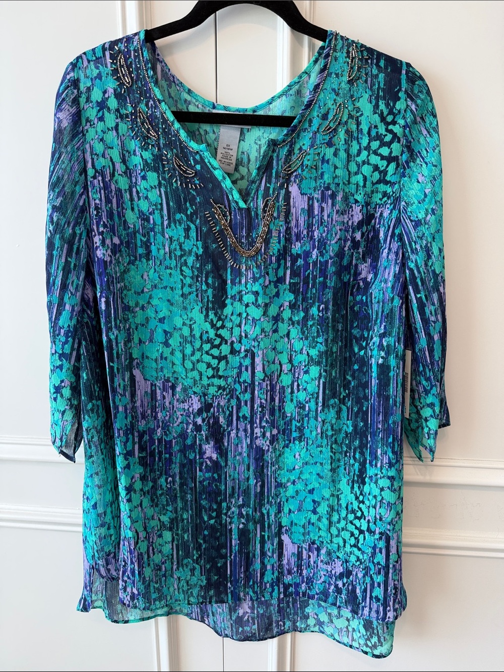 Catherines Teal & Purple Printed Tunic with Beaded V-Neck